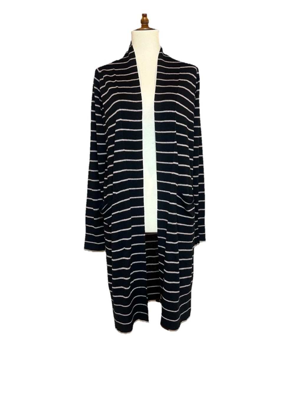 A New Day Cardigan Long Line Open Front Black Taupe Stripe Wool Blend